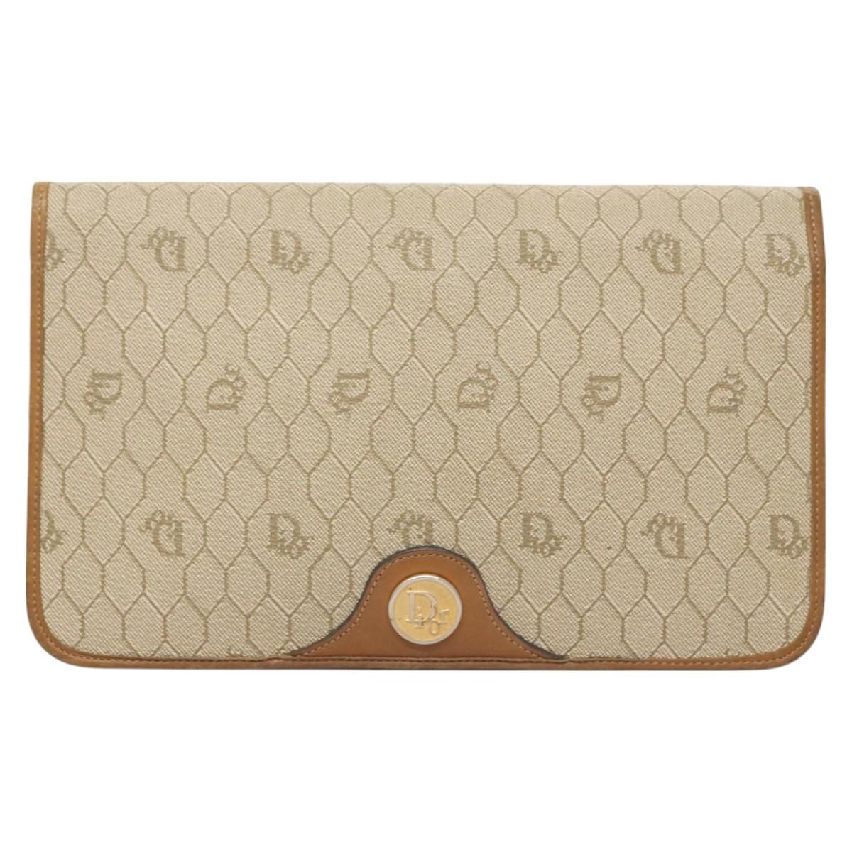 Christian Dior Honeycomb Canvas Chain Shoulder Bag PVC Beige Gold Auth BA2632
