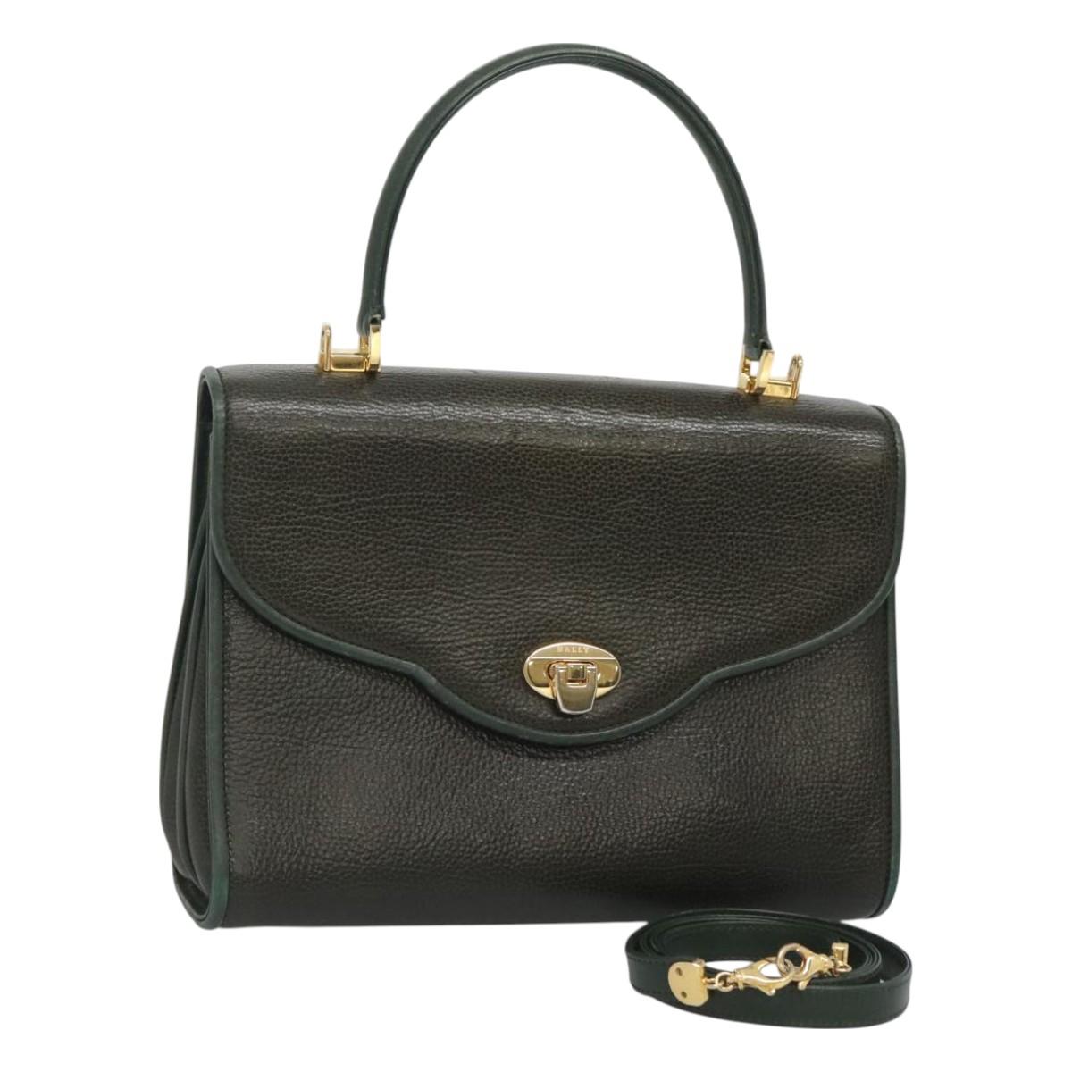 BALLY Hand Bag Leather 2way Khaki Gold Auth BA2648