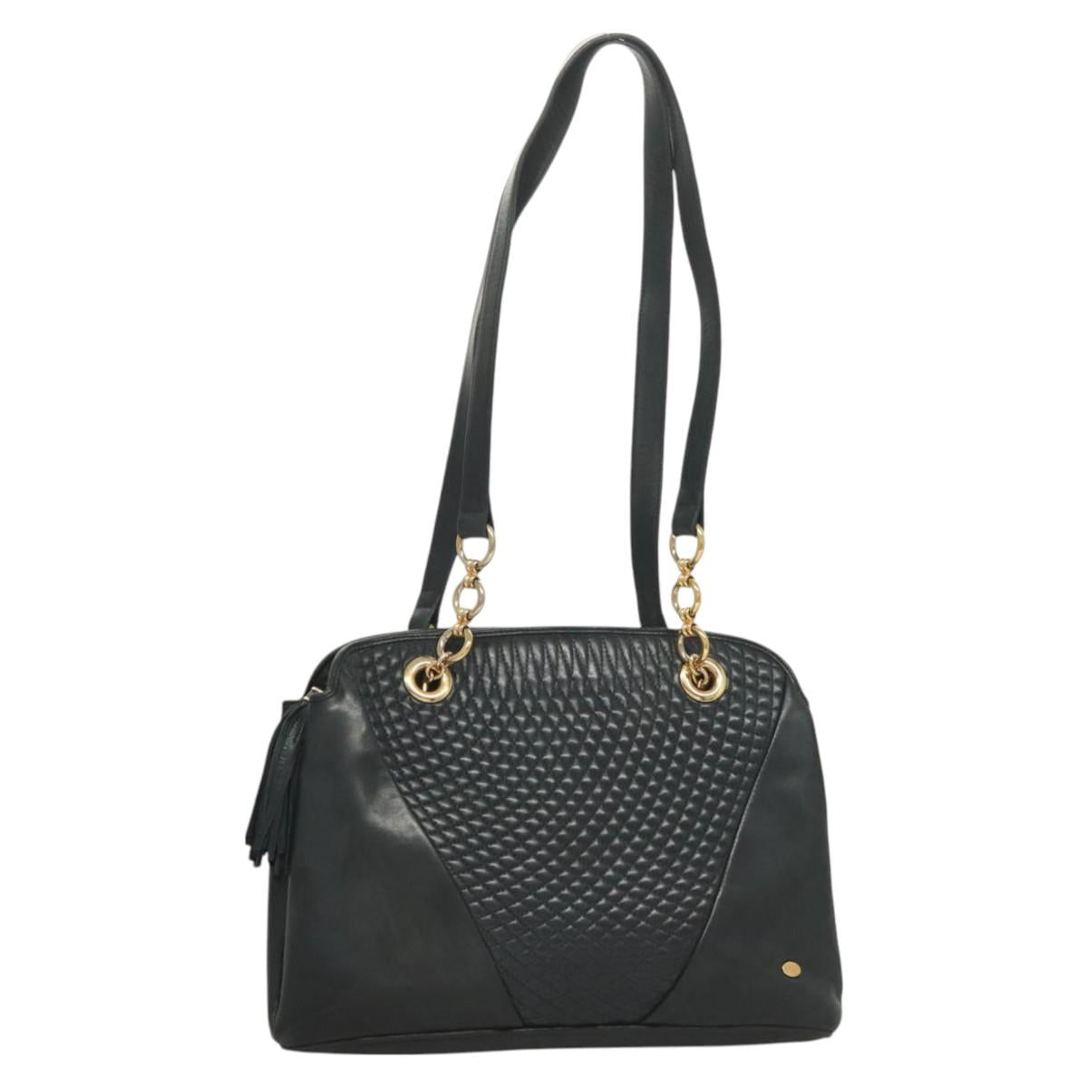 BALLY Quilted Chain Shoulder Bag Leather Navy Gold Auth BA2658