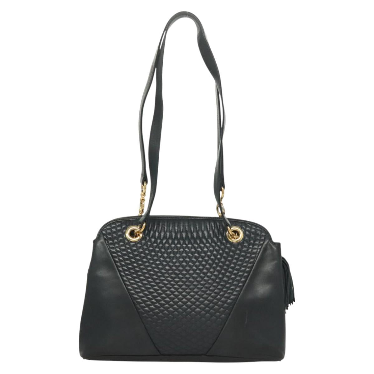 BALLY Quilted Chain Shoulder Bag Leather Navy Gold Auth BA2658