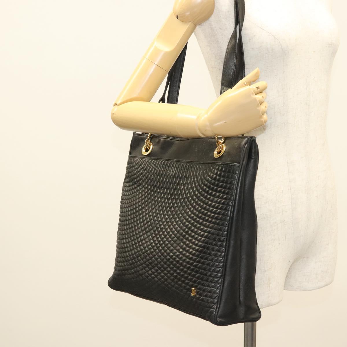 BALLY Quilted Tote Bag Leather Black Gold Auth BA2680