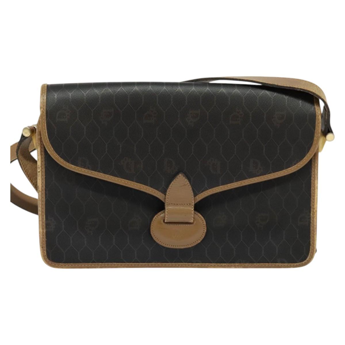Christian Dior Honeycomb Canvas Shoulder Bag PVC Brown Gold Auth BA2701