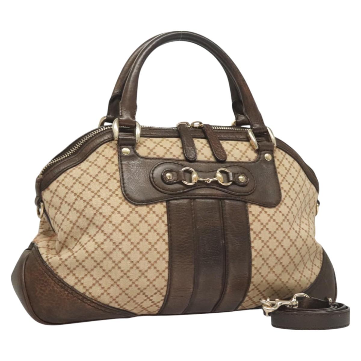 GUCCI Diamante Horsebit Hand Bag Canvas 2way Gold Beige 247286 Auth BA2707