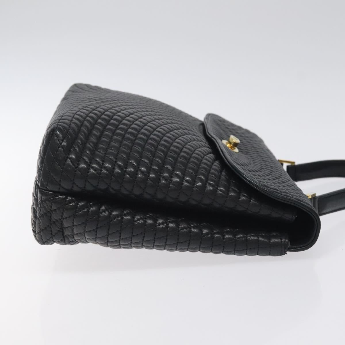 BALLY Quilted Hand Bag Leather Black Gold Auth BA2725