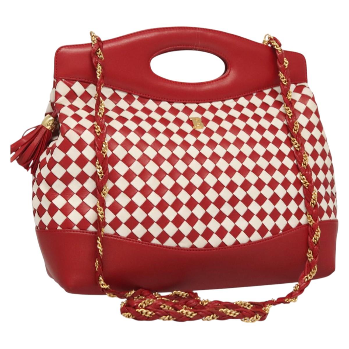 BALLY Chain Hand Bag Leather 2way Red Gold Auth BA2743