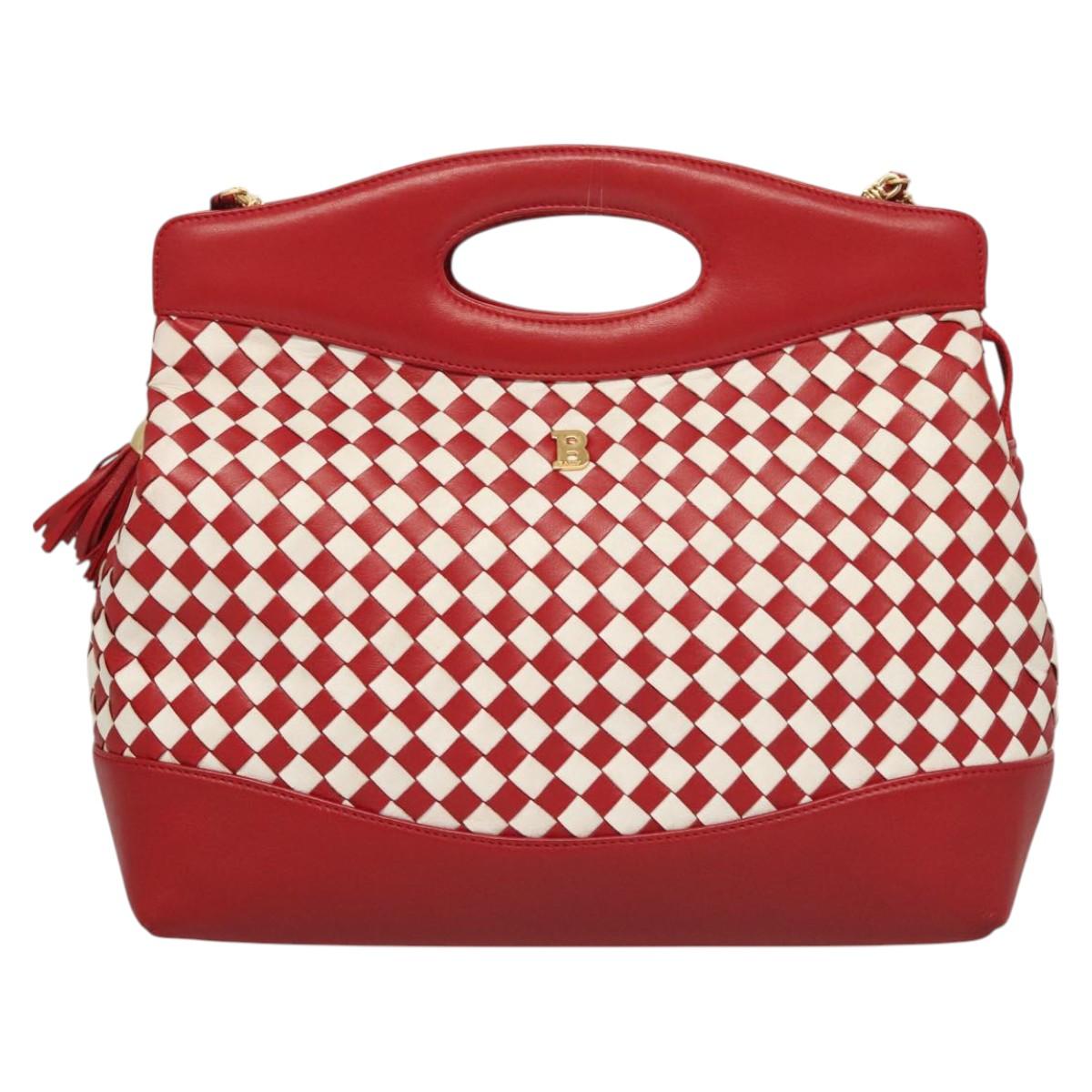 BALLY Chain Hand Bag Leather 2way Red Gold Auth BA2743