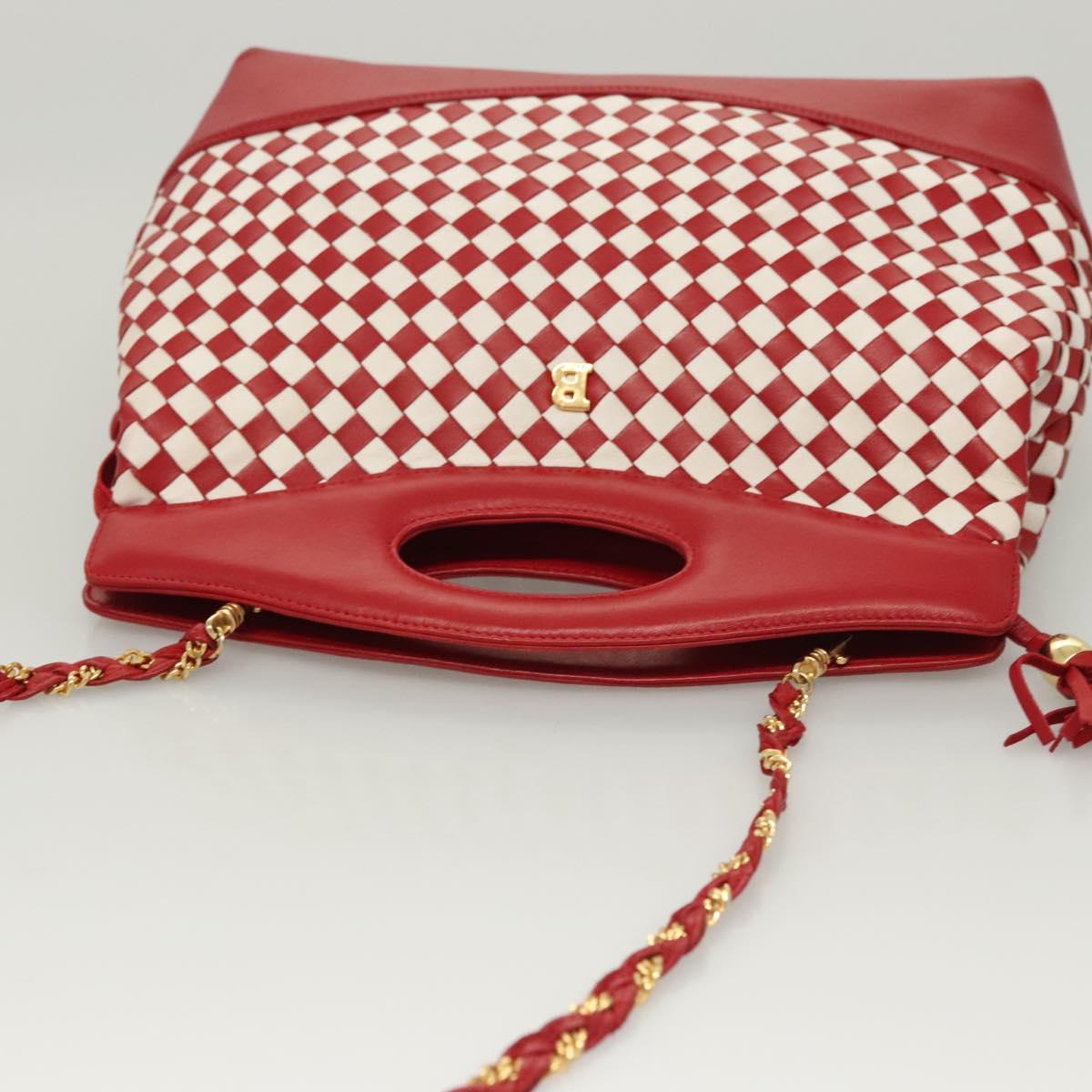 BALLY Chain Hand Bag Leather 2way Red Gold Auth BA2743