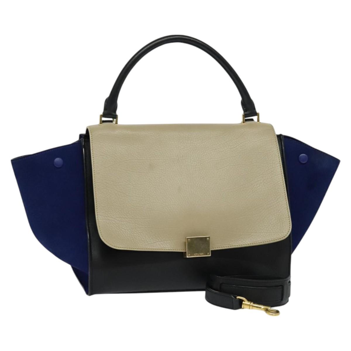 CELINE Trapeze Hand Bag Suede Leather 2way Beige Gold Auth BA2807