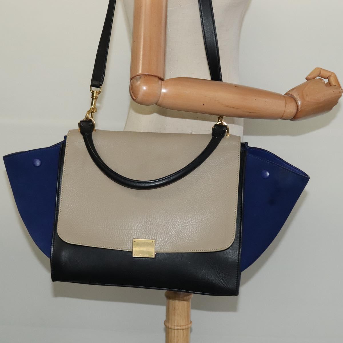 CELINE Trapeze Hand Bag Suede Leather 2way Beige Gold Auth BA2807