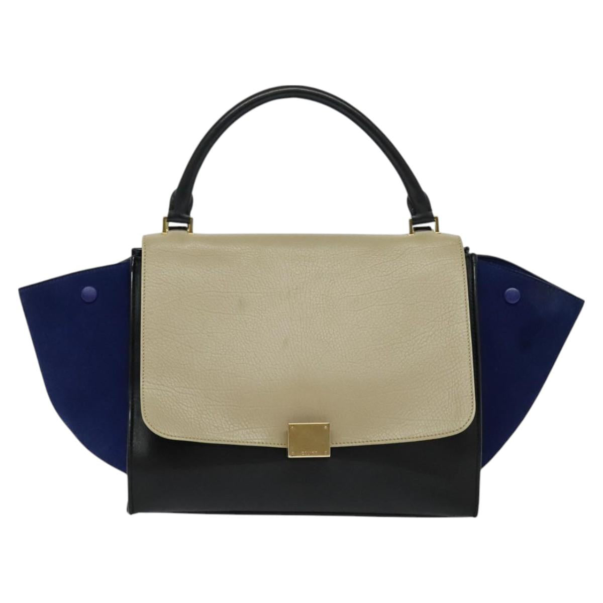 CELINE Trapeze Hand Bag Suede Leather 2way Beige Gold Auth BA2807