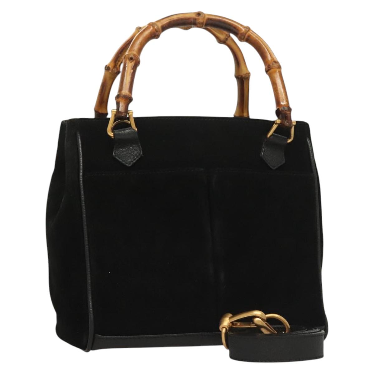 GUCCI Bamboo Hand Bag Suede 2way Black Gold 000 122 0316 Auth BA2836