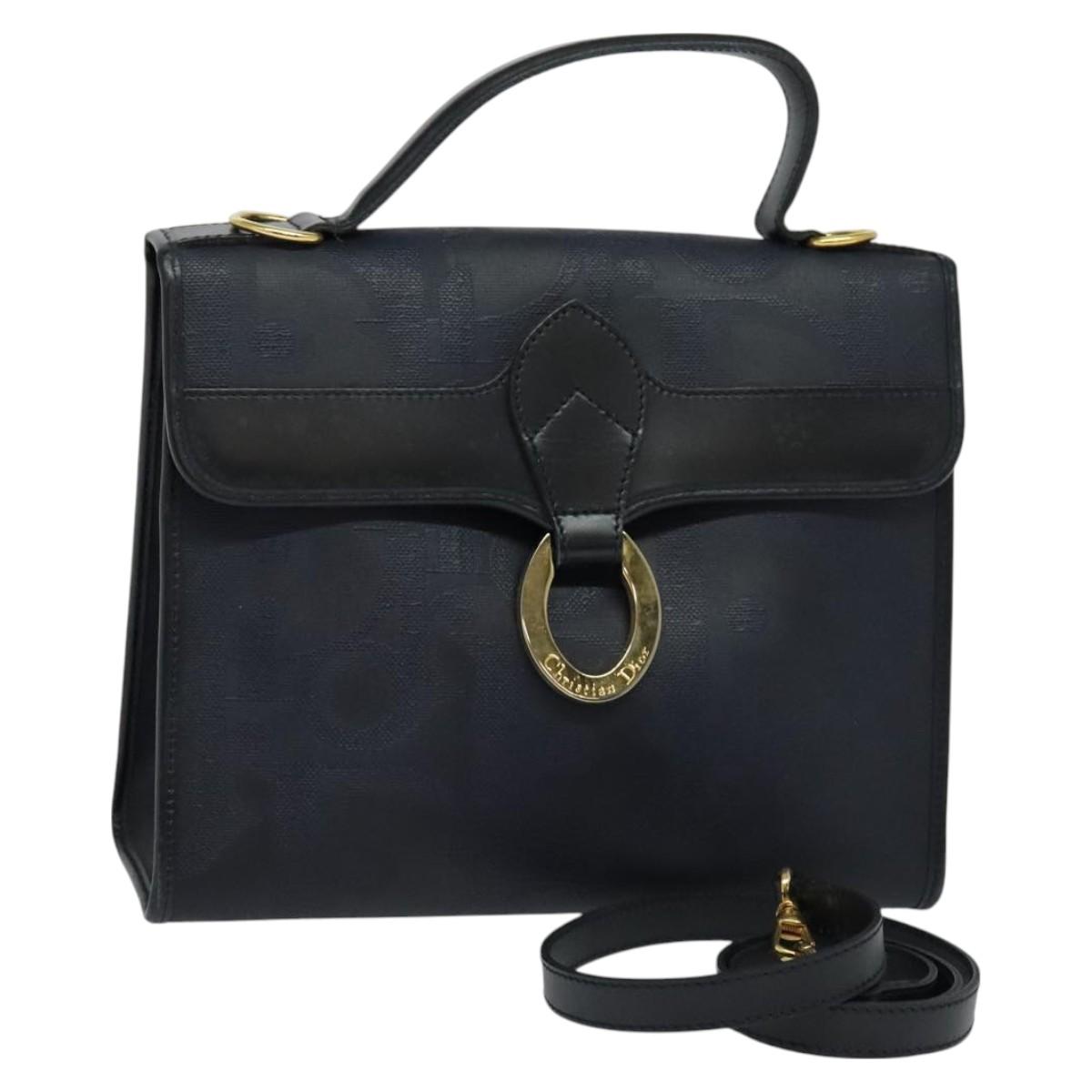 Christian Dior Trotter Canvas Hand Bag PVC 2way Navy Gold Auth BA2861