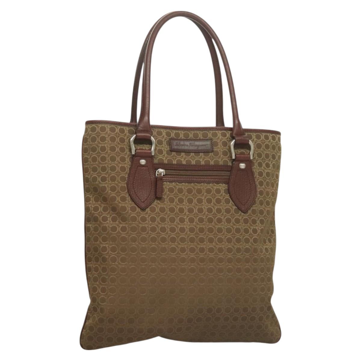 Salvatore Ferragamo Gancini Tote Bag Canvas Brown Silver Auth BA2887