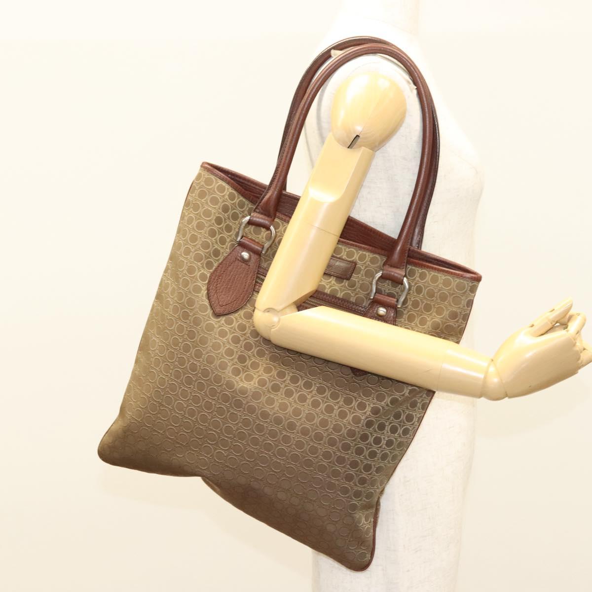 Salvatore Ferragamo Gancini Tote Bag Canvas Brown Silver Auth BA2887