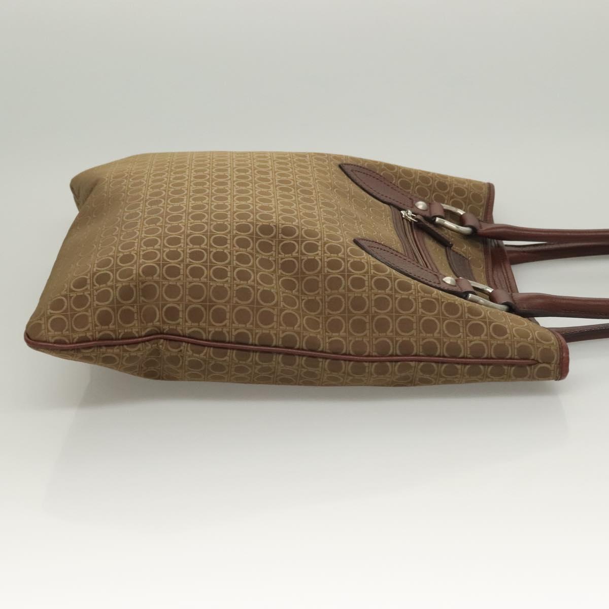 Salvatore Ferragamo Gancini Tote Bag Canvas Brown Silver Auth BA2887