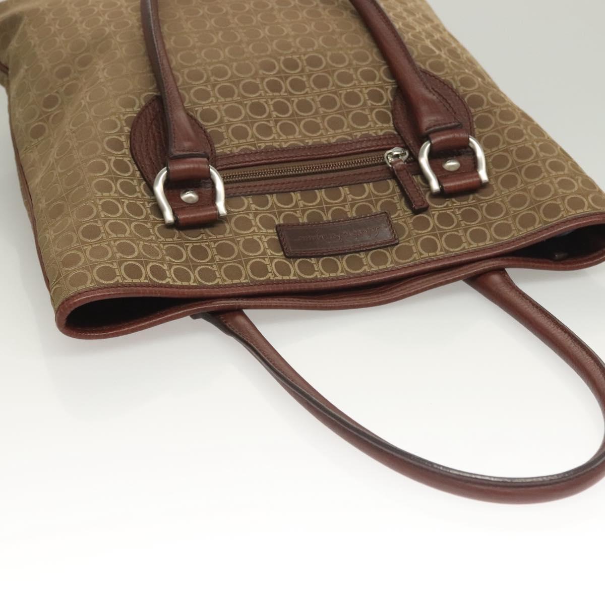 Salvatore Ferragamo Gancini Tote Bag Canvas Brown Silver Auth BA2887