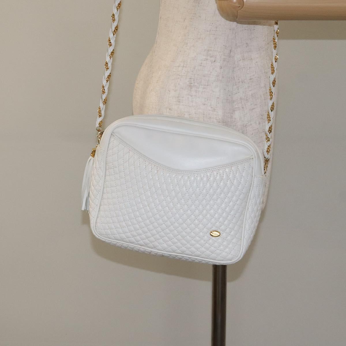 BALLY Chain Shoulder Bag Leather White Gold Auth BA2907