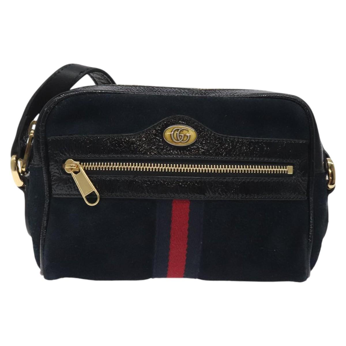 GUCCI Ofdea Sherry Line Shoulder Bag Suede Navy Gold 517350 Auth BA2925