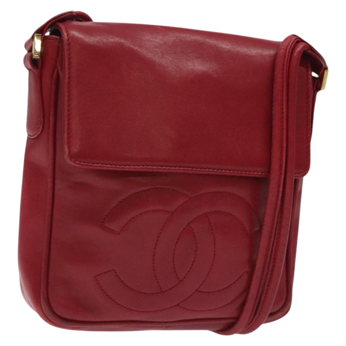 CHANEL COCO Mark Shoulder Bag Lamb Skin Red Gold CC Auth BA2939