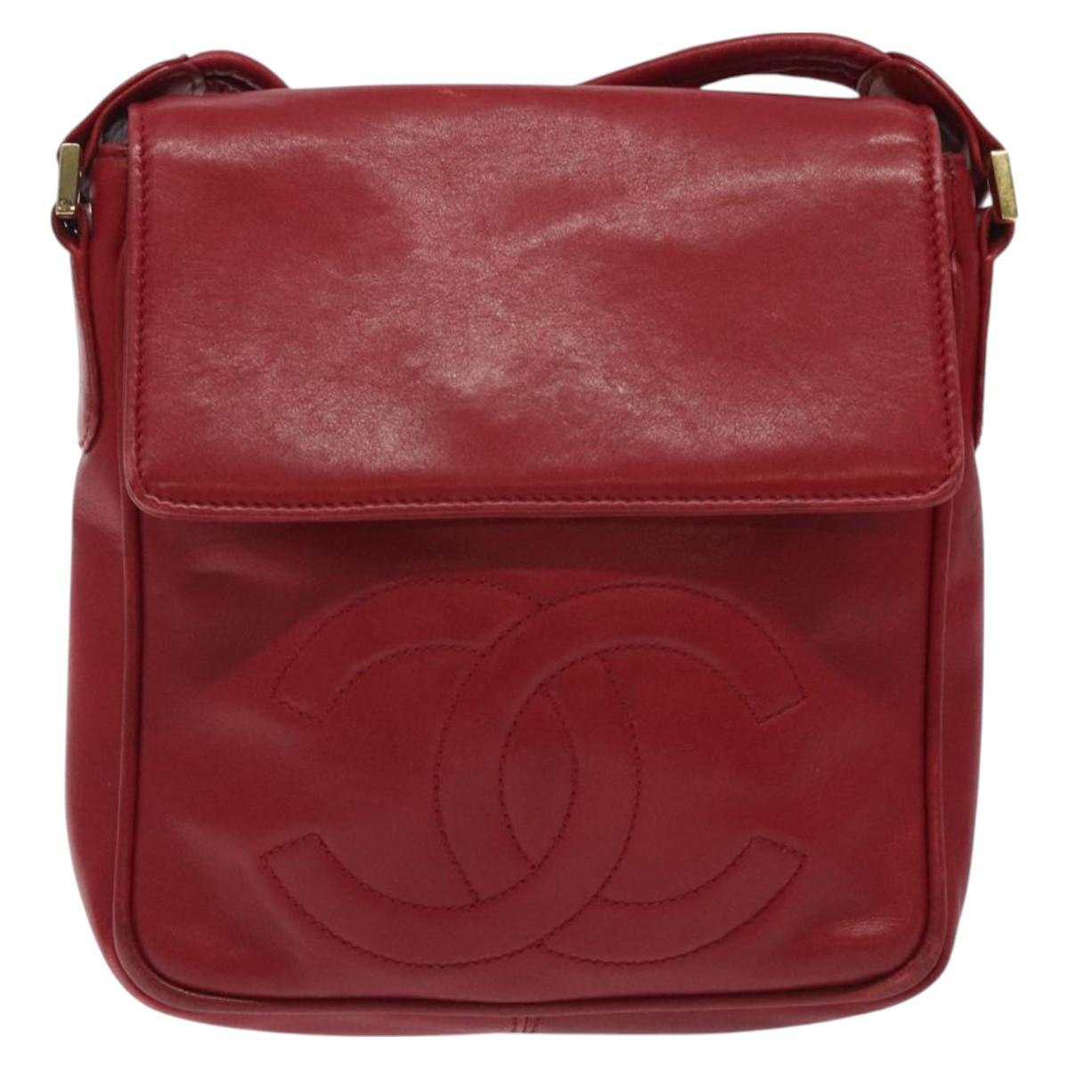 CHANEL COCO Mark Shoulder Bag Lamb Skin Red Gold CC Auth BA2939