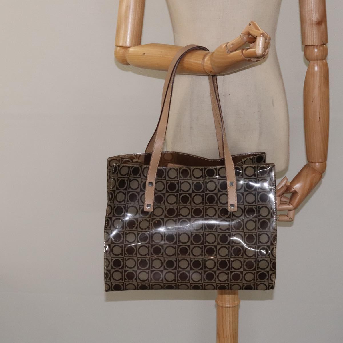 Salvatore Ferragamo Gancini Tote Bag Vinyl Brown Silver Auth BA2989