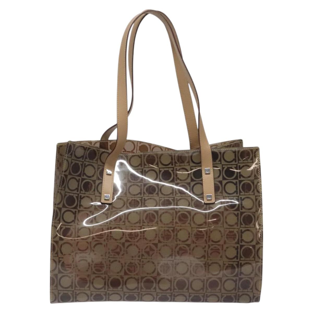 Salvatore Ferragamo Gancini Tote Bag Vinyl Brown Silver Auth BA2989