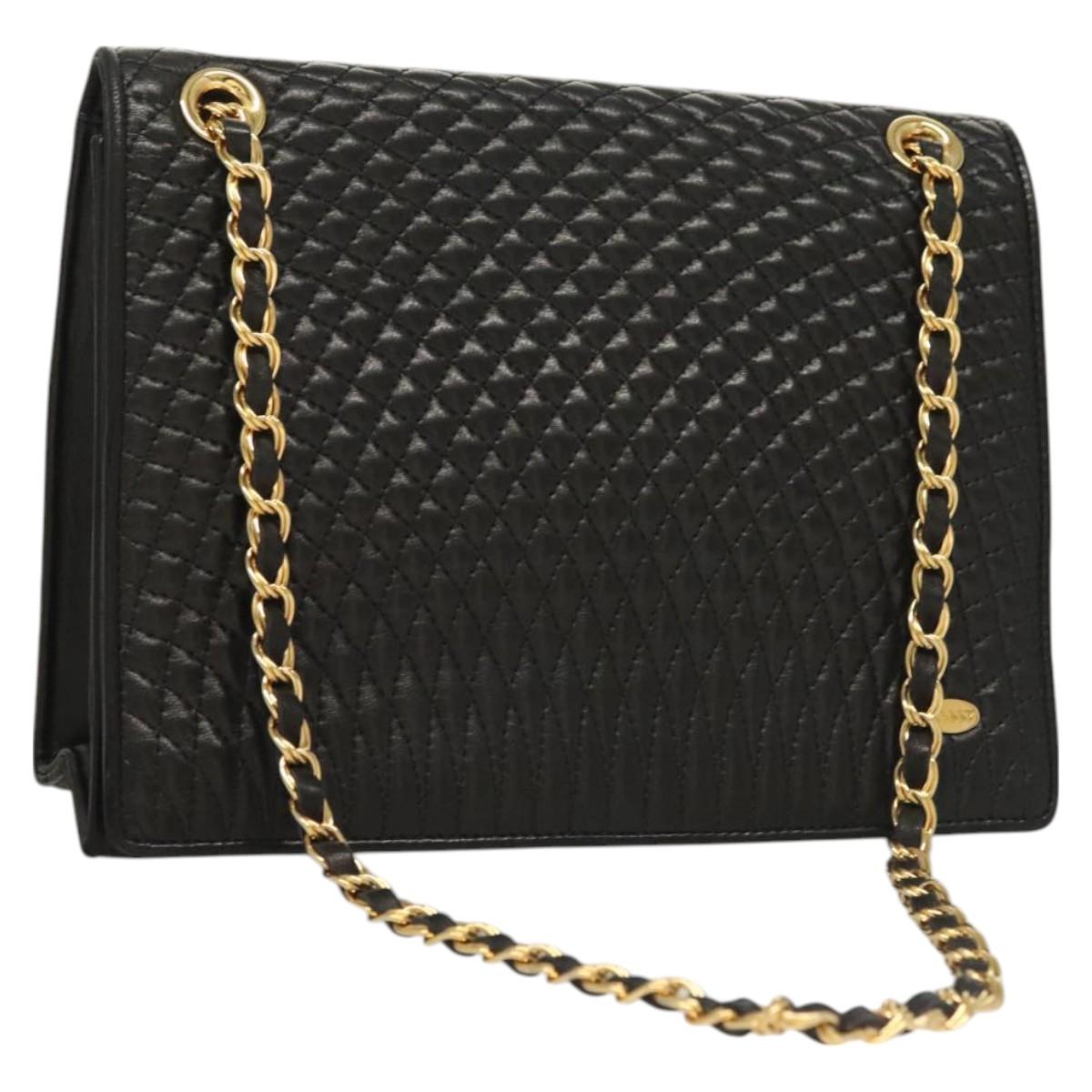 BALLY Chain Shoulder Bag Leather Black Gold Auth BA3019