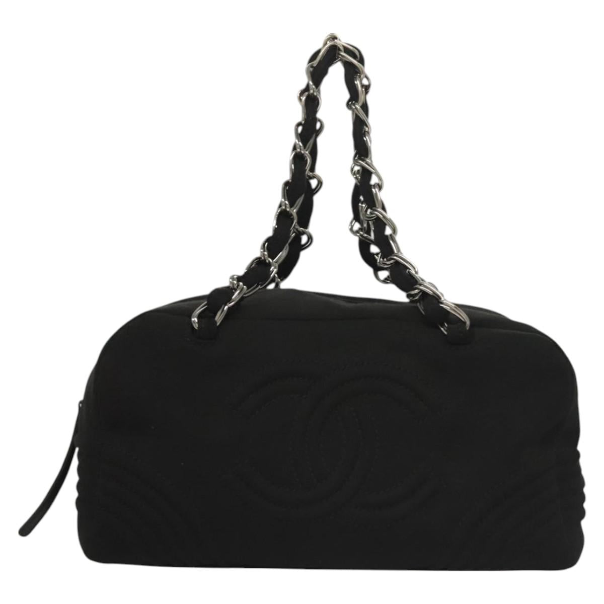 CHANEL Chain Shoulder Bag Cotton Black Silver CC Auth BA3021