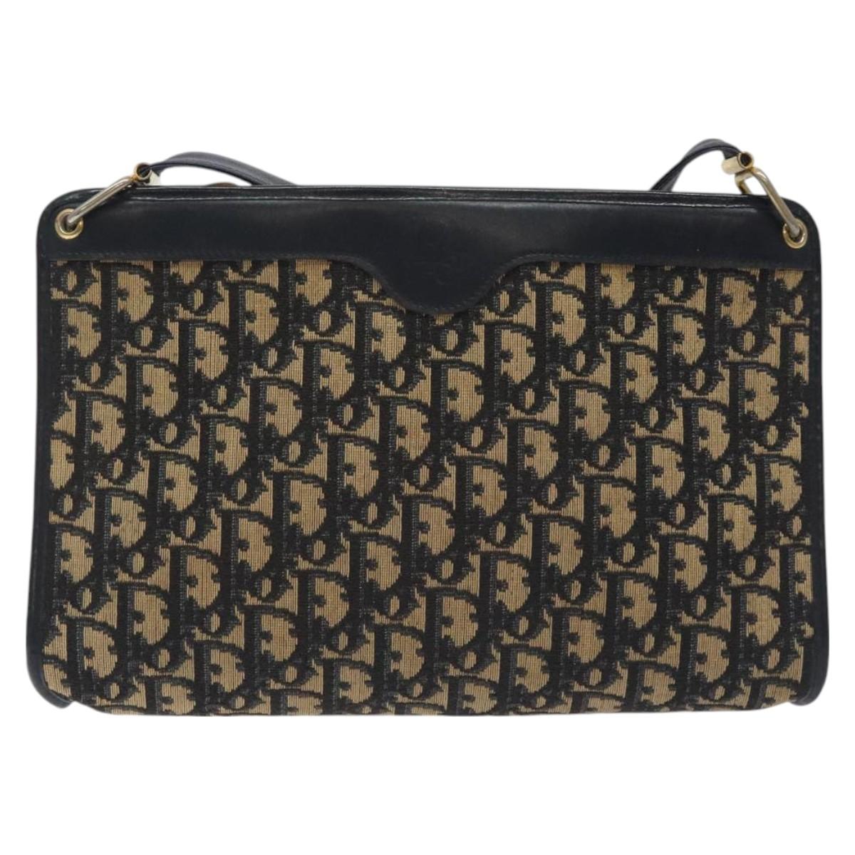 Christian Dior Trotter Canvas Shoulder Bag Navy Gold Auth BA3029