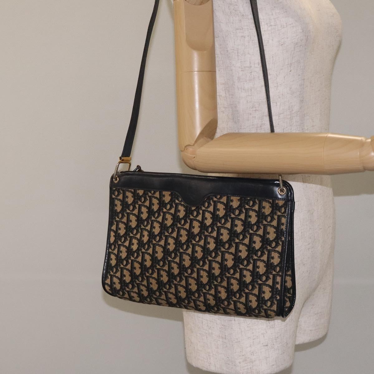 Christian Dior Trotter Canvas Shoulder Bag Navy Gold Auth BA3029