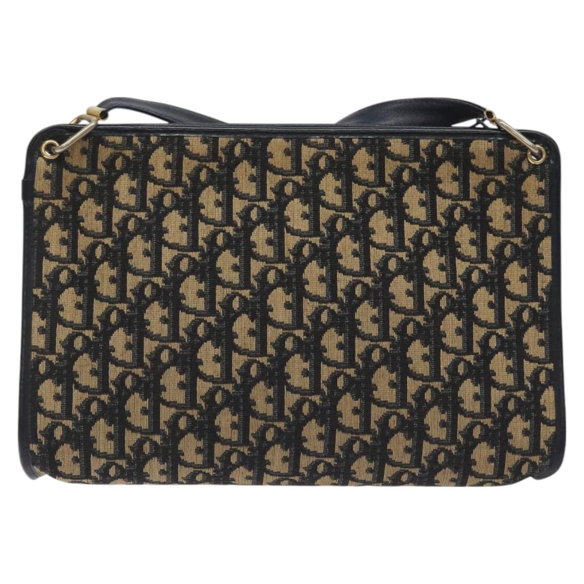 Christian Dior Trotter Canvas Shoulder Bag Navy Gold Auth BA3029