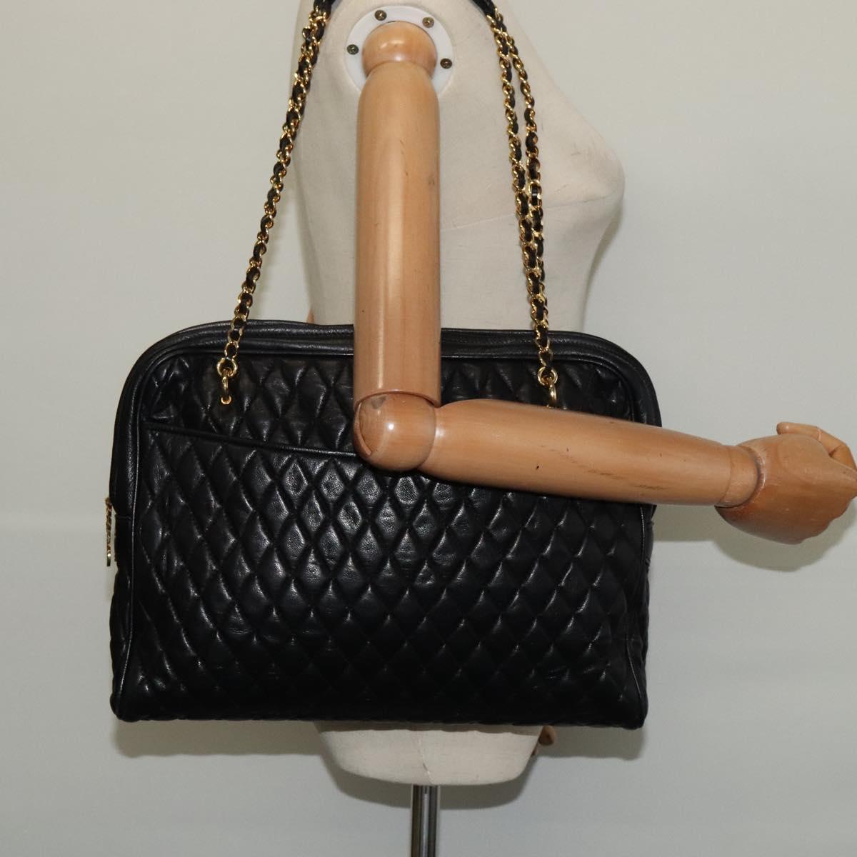 BALLY Chain Quilted Shoulder Bag Leather Black Gold Auth BA3081
