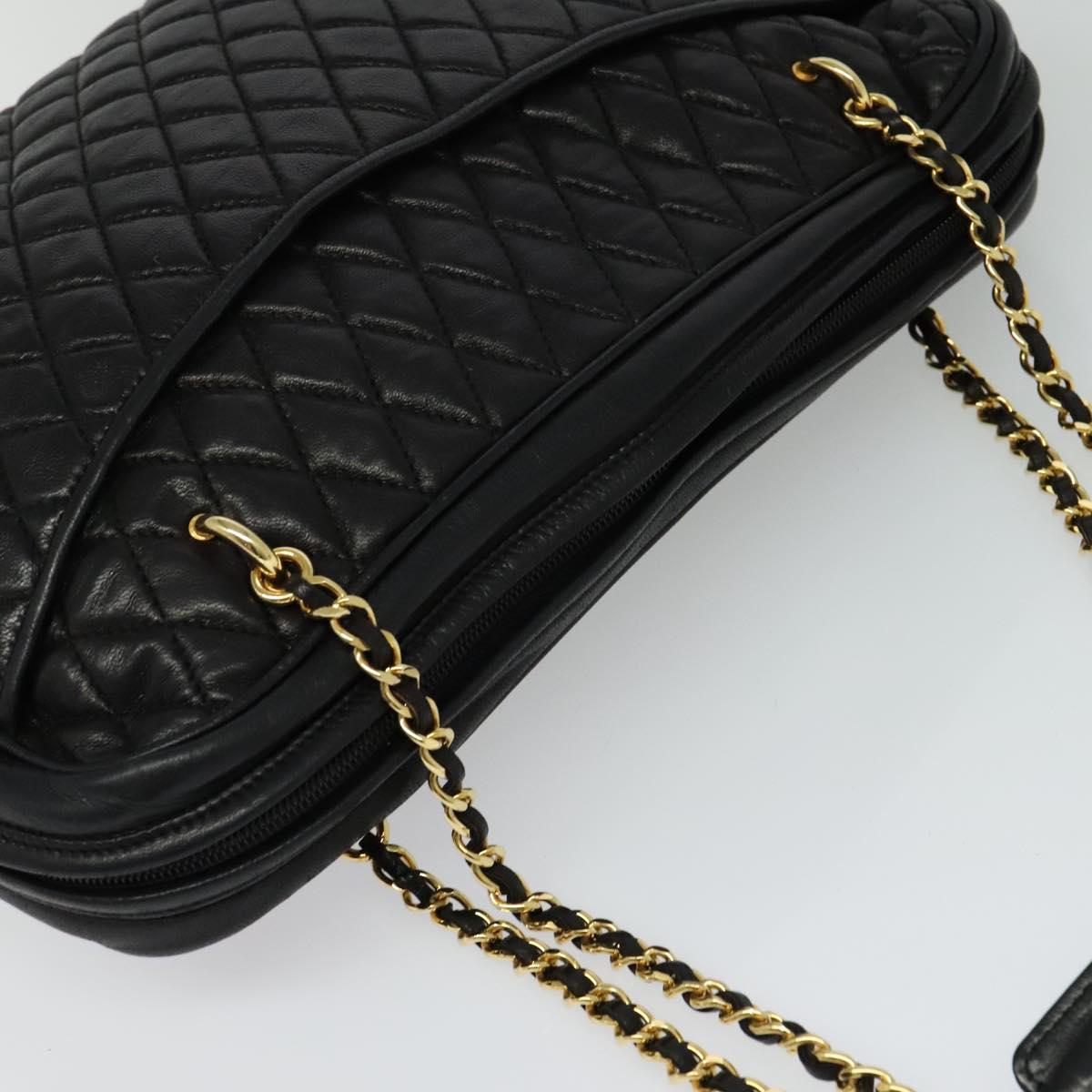 BALLY Chain Quilted Shoulder Bag Leather Black Gold Auth BA3081