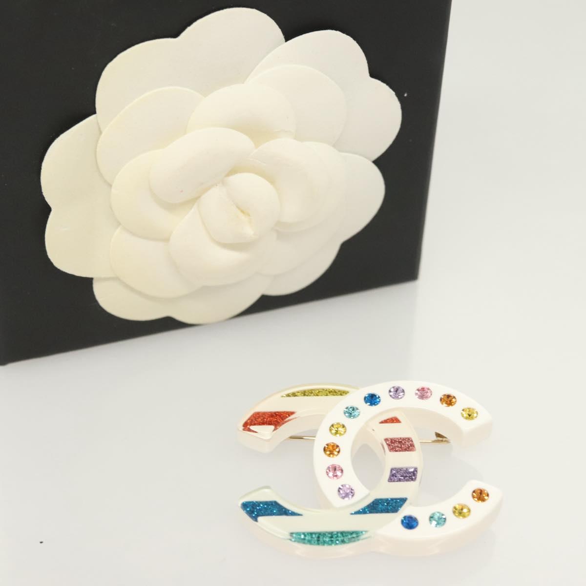 CHANEL COCO Mark Rhinestone Brooch plastic White CC Auth BA3099