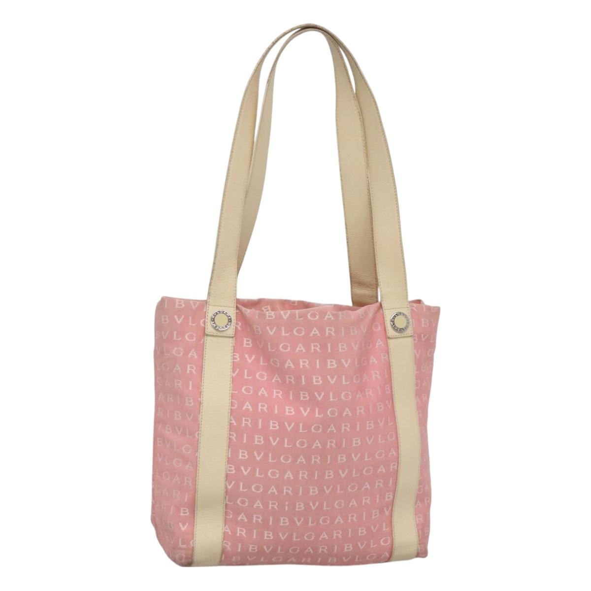 BVLGARI Logo Mania Tote Bag Canvas Pink Silver Auth BA3106