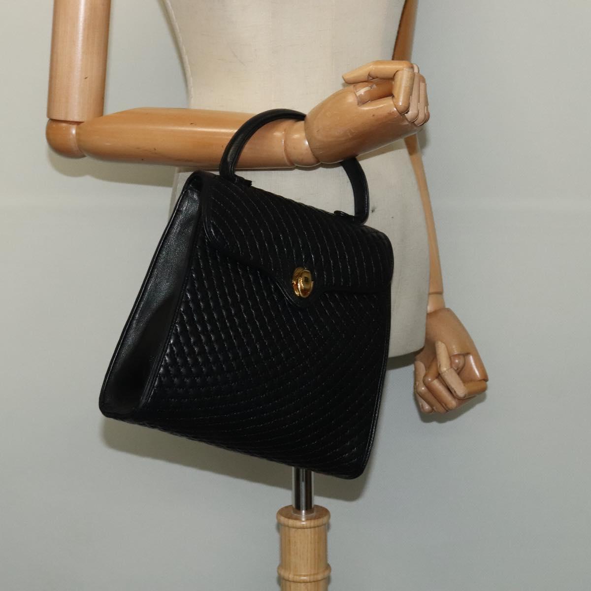 BALLY Quilted Hand Bag Leather Black Gold Auth BA3112