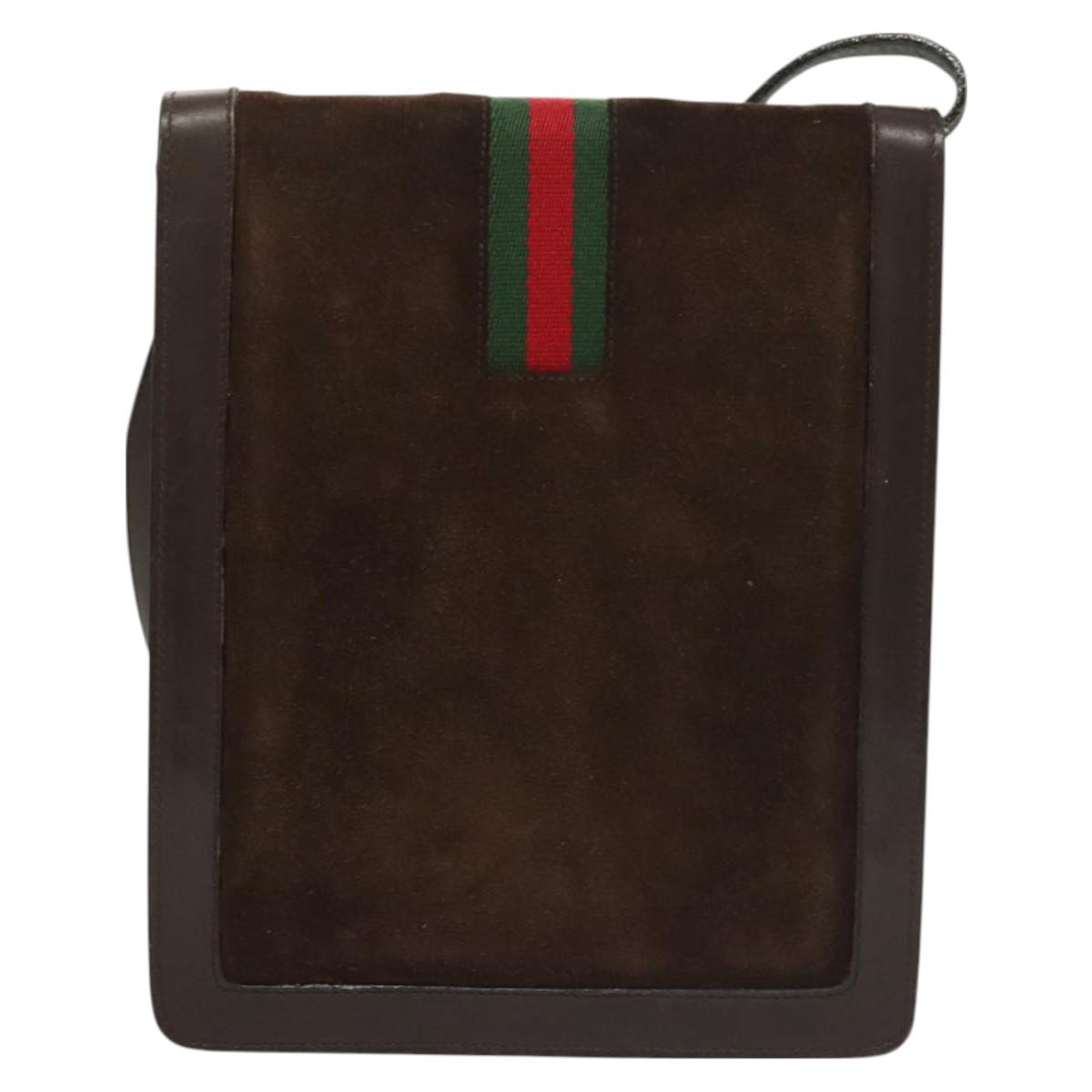 GUCCI GG Canvas Web Sherry Line Bag Suede Leather Dark Brown gold Auth BA3132