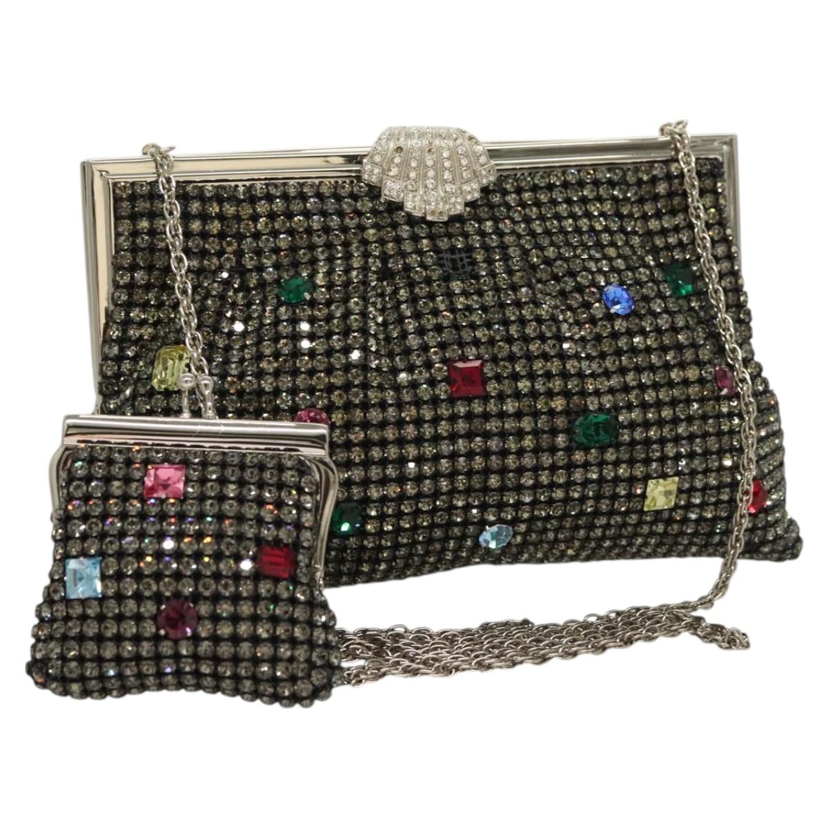 BALLY Rhinestone Chain Shoulder Bag Leather Black Silver Auth BA3151