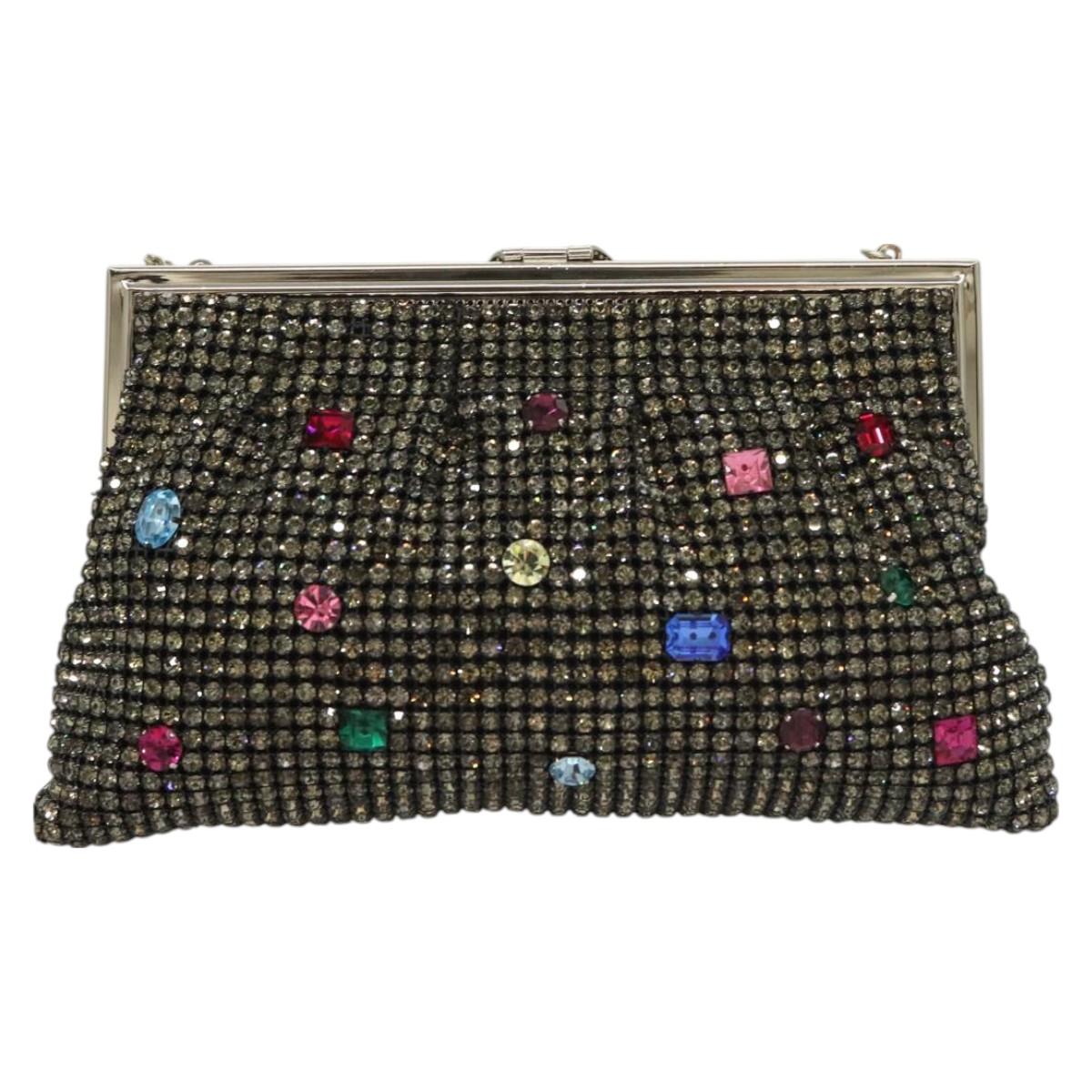 BALLY Rhinestone Chain Shoulder Bag Leather Black Silver Auth BA3151