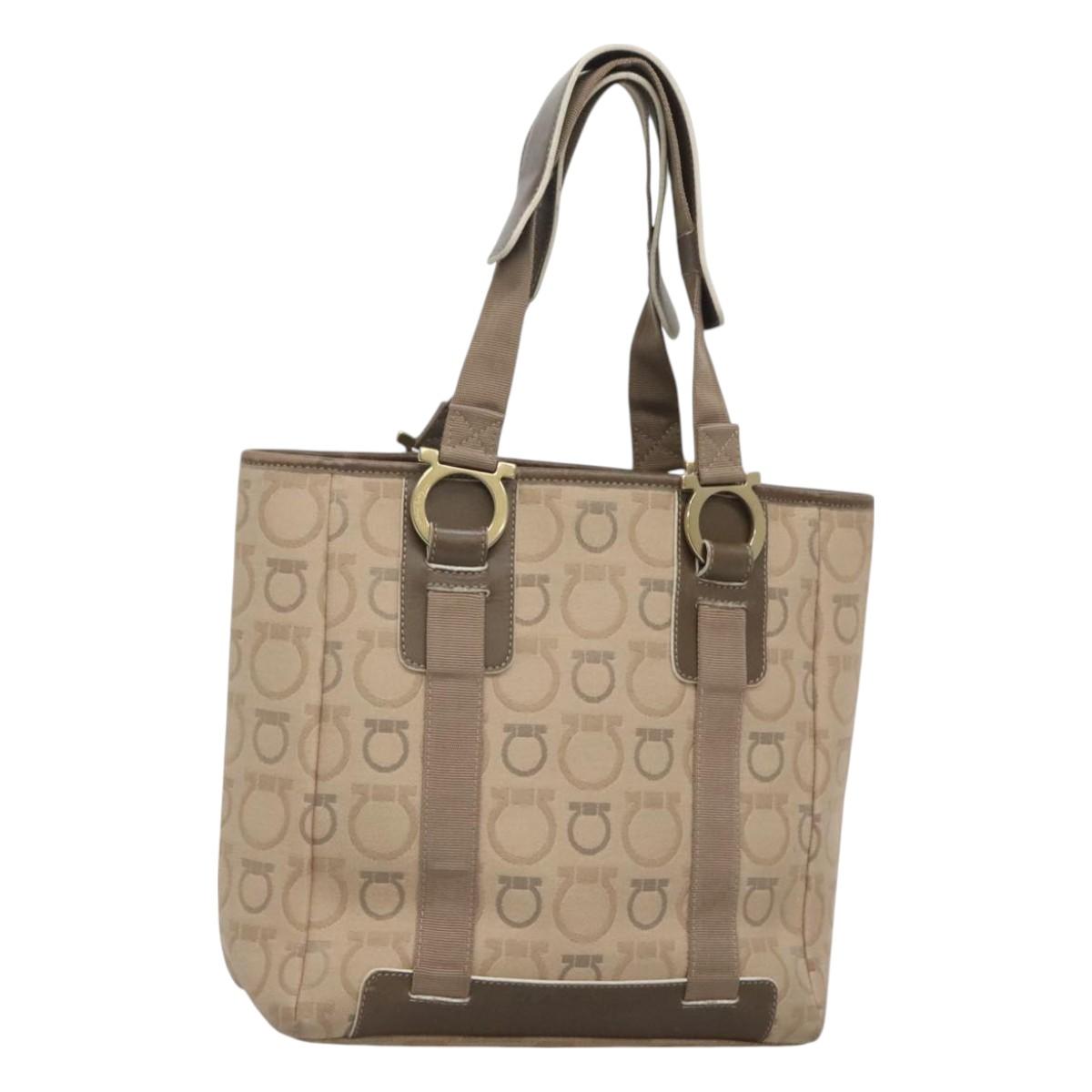 Salvatore Ferragamo Gancini Tote Bag Canvas Beige gold Auth BA3168