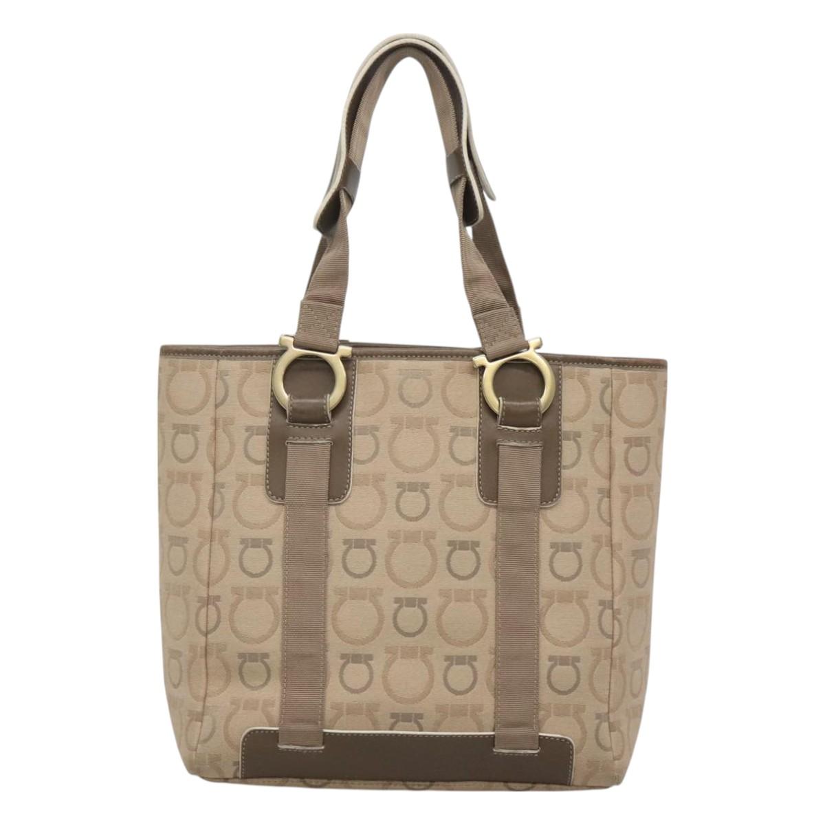 Salvatore Ferragamo Gancini Tote Bag Canvas Beige gold Auth BA3168