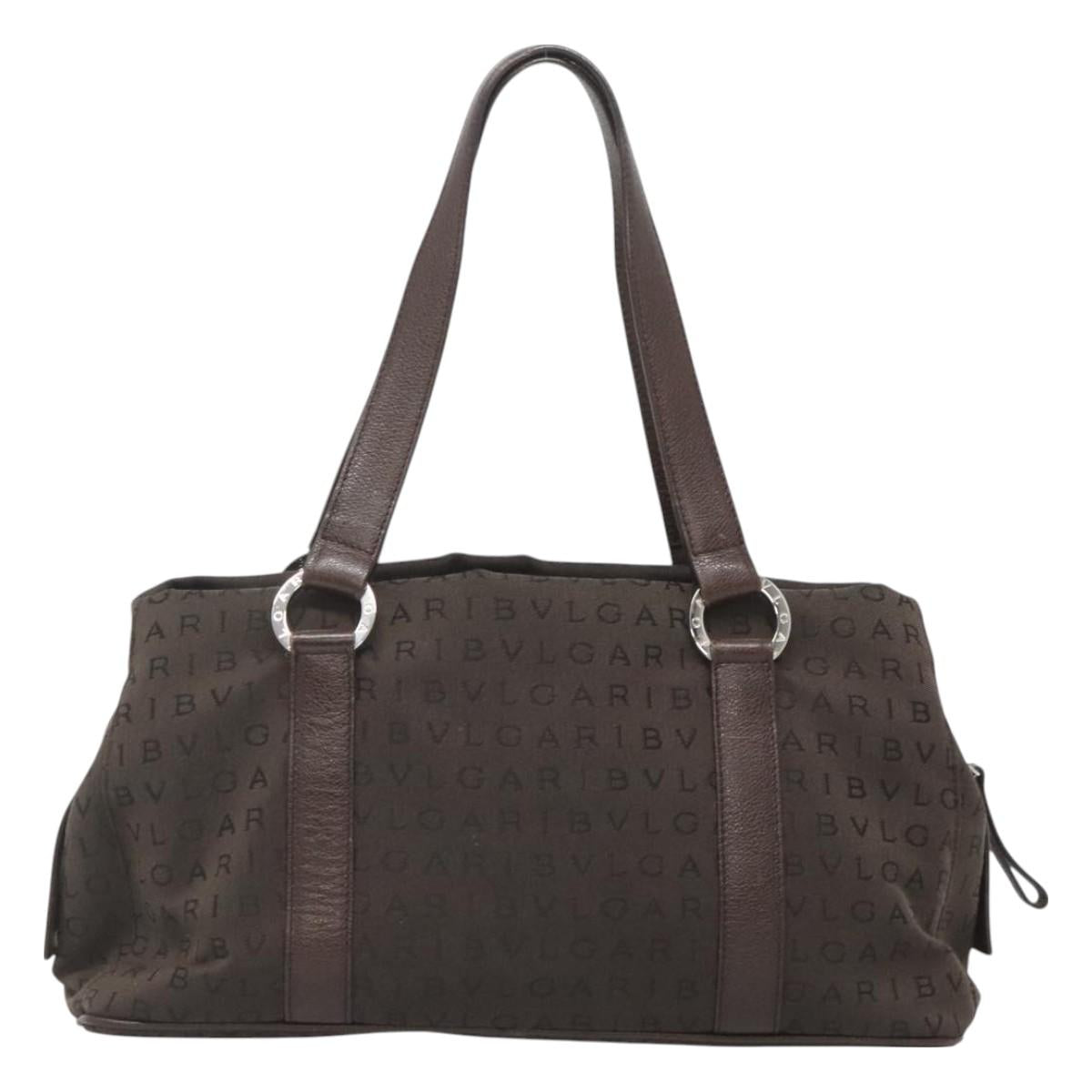 BVLGARI Logo Mania Shoulder Bag Canvas Brown Silver Auth BA3170
