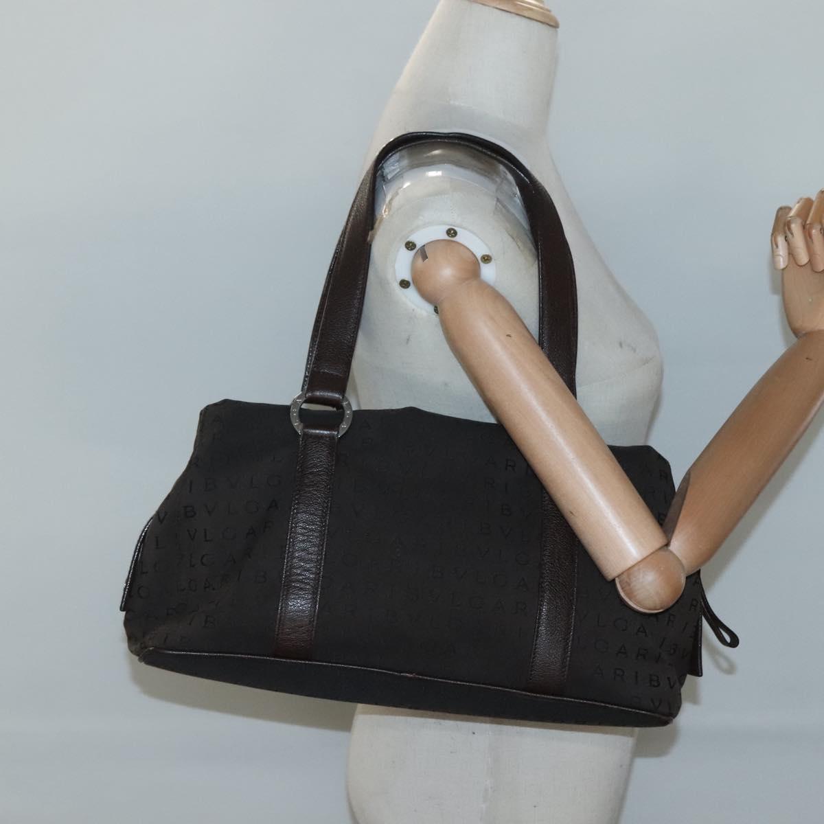 BVLGARI Logo Mania Shoulder Bag Canvas Brown Silver Auth BA3170