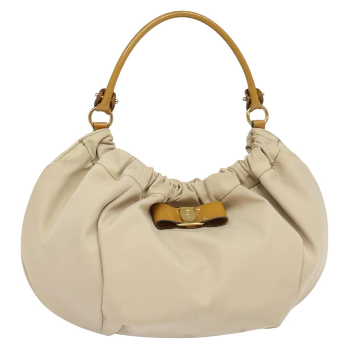 Salvatore Ferragamo Vala Shoulder Bag Nylon Beige Gold Auth BA3215