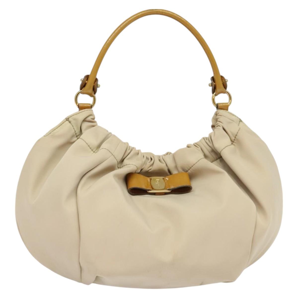 Salvatore Ferragamo Vala Shoulder Bag Nylon Beige Gold Auth BA3215