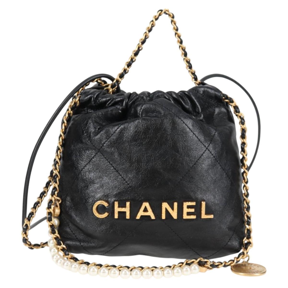 CHANEL Chain Chanel 22 Shoulder Bag Leather Black Gold CC Auth BA3220SM