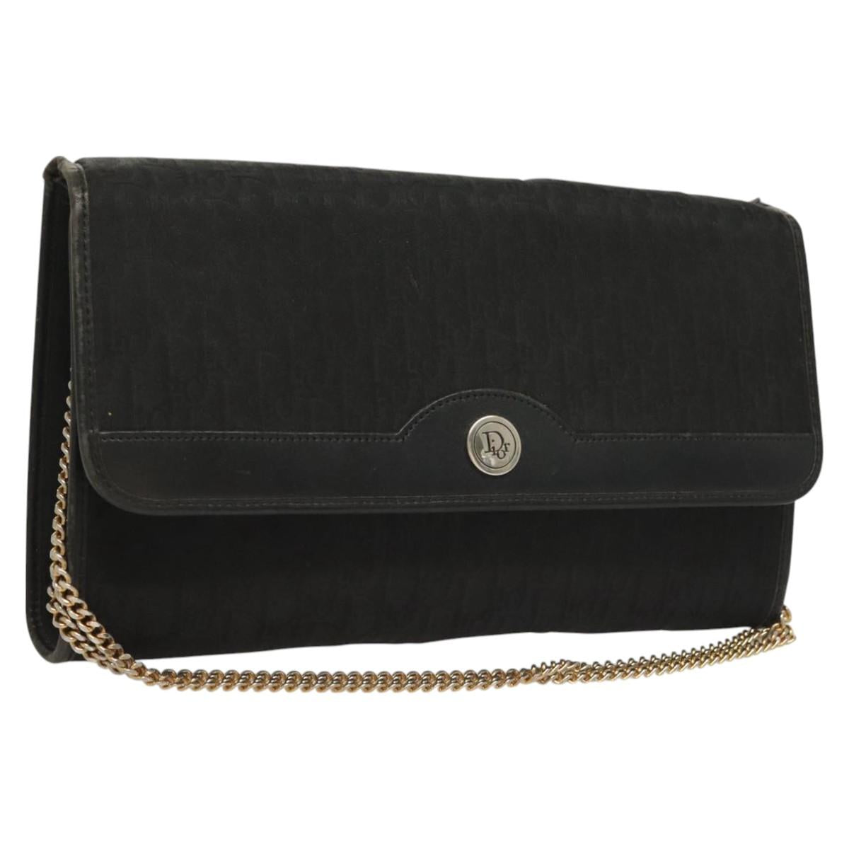 Christian Dior Trotter Canvas Chain Shoulder Bag Black Gold Auth BA3240