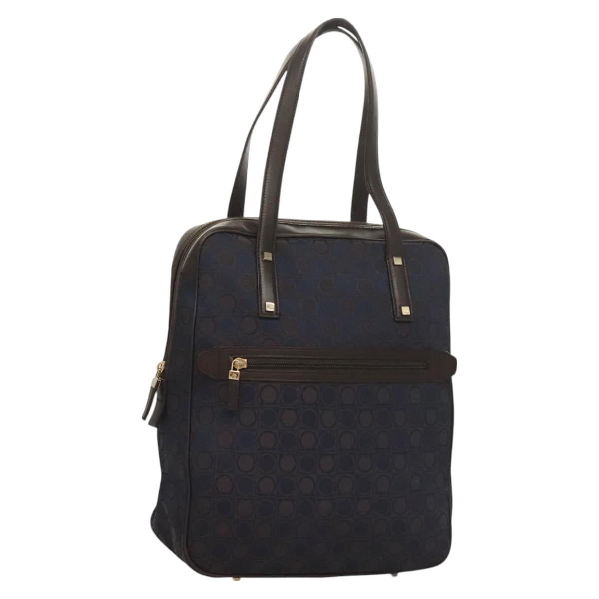 Salvatore Ferragamo Gancini Hand Bag Canvas Navy Gold Auth BA3244