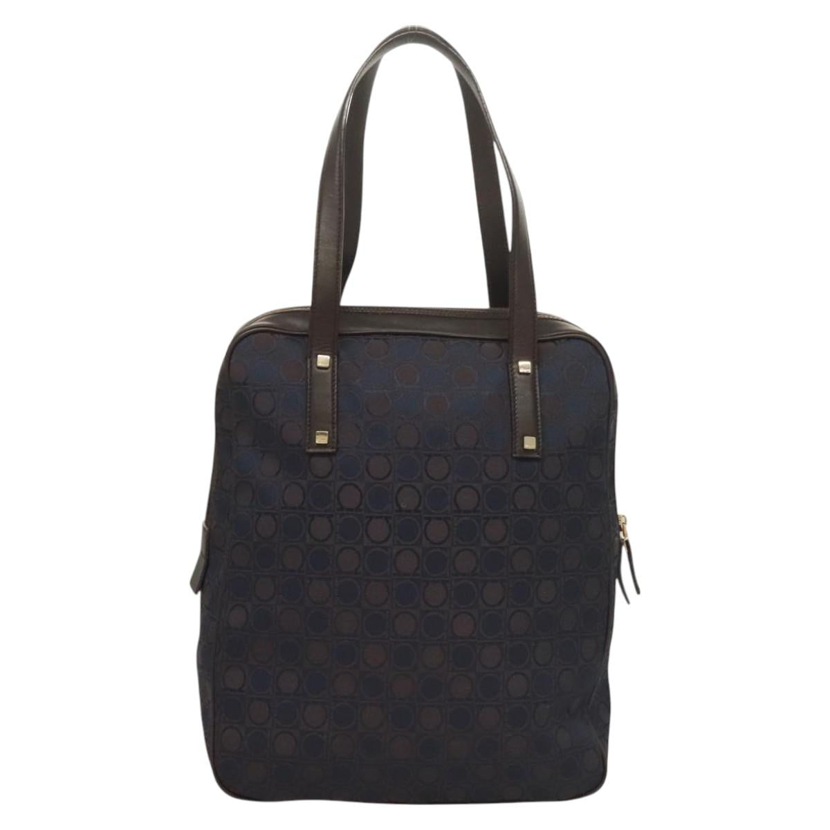 Salvatore Ferragamo Gancini Hand Bag Canvas Navy Gold Auth BA3244