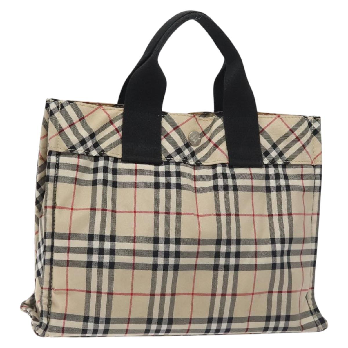 BURBERRY Nova Check Blue Label Hand Bag Nylon Beige Silver Auth BA3308